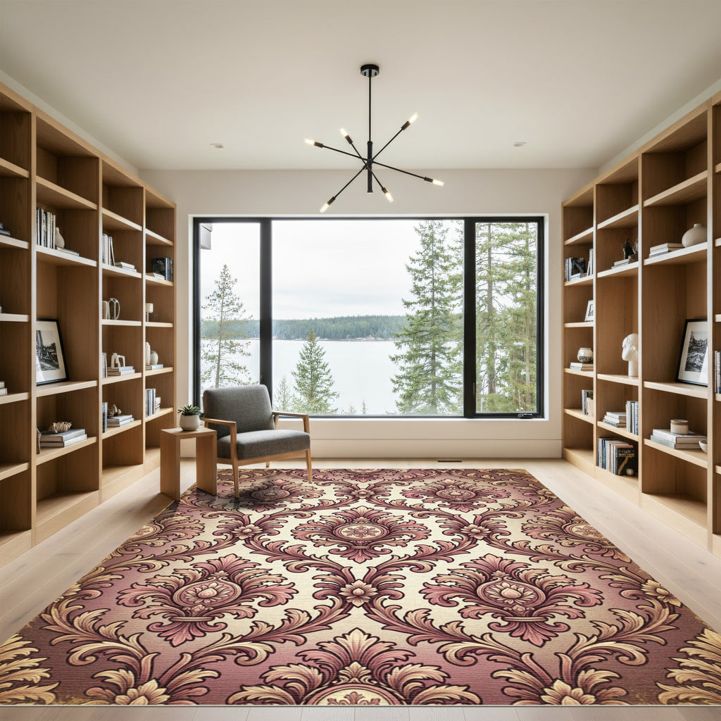 Ornate Mauve Damask Floral Scroll Rug