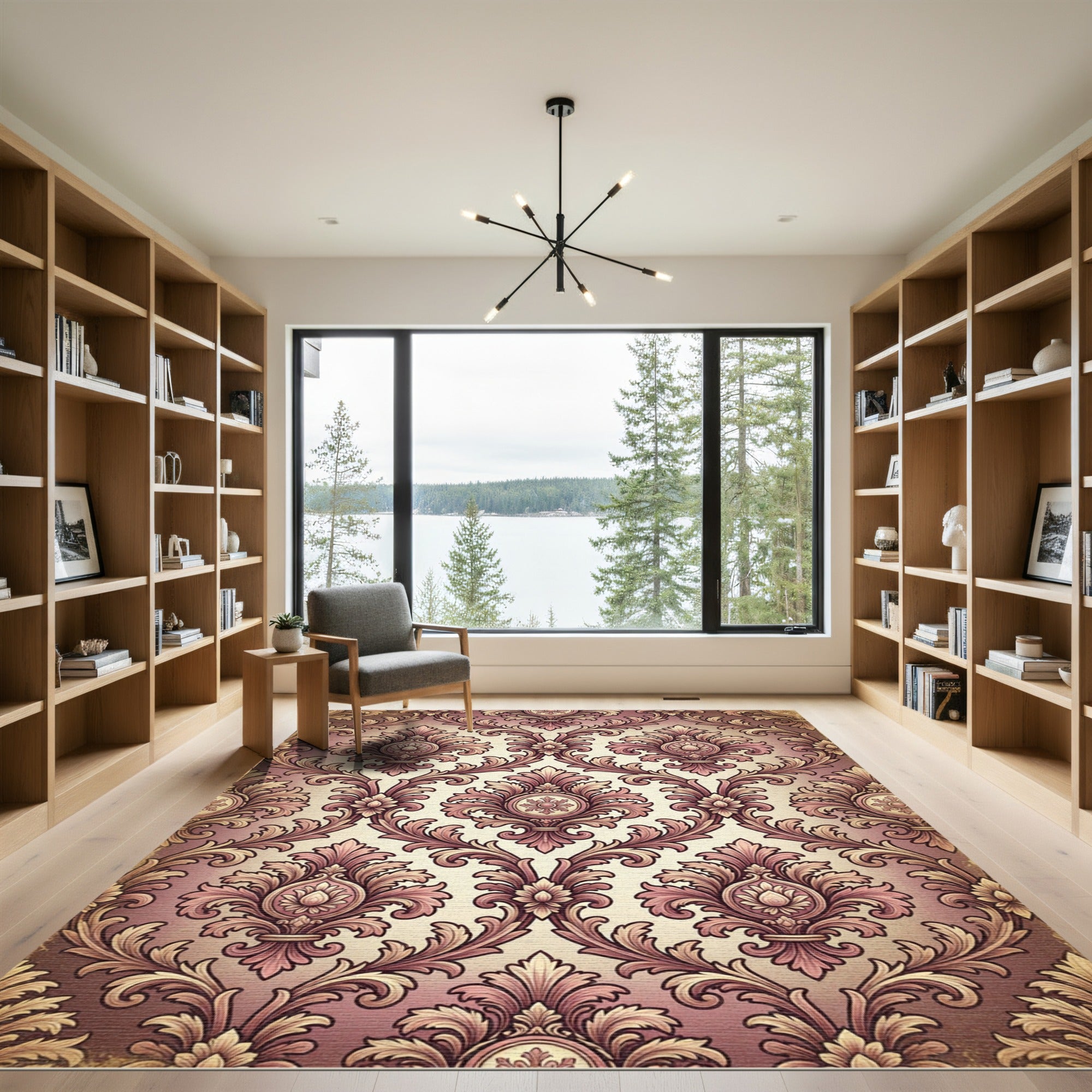 Ornate Mauve Damask Floral Scroll Rug