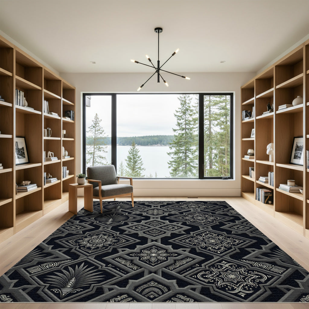 Monochrome Geometric Damask Lattice Rug