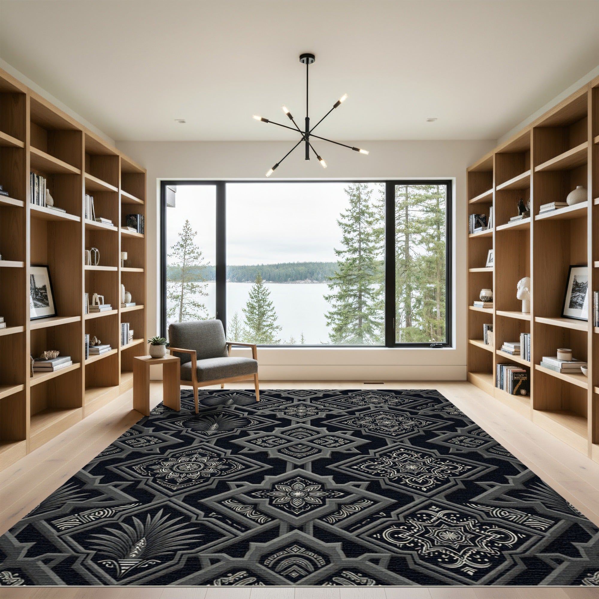 Monochrome Geometric Damask Lattice Rug