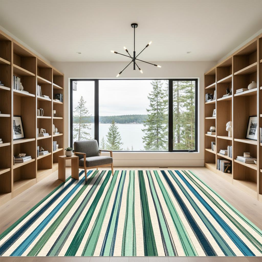 Verdant Blue Linear Brushstroke Stripe Rug