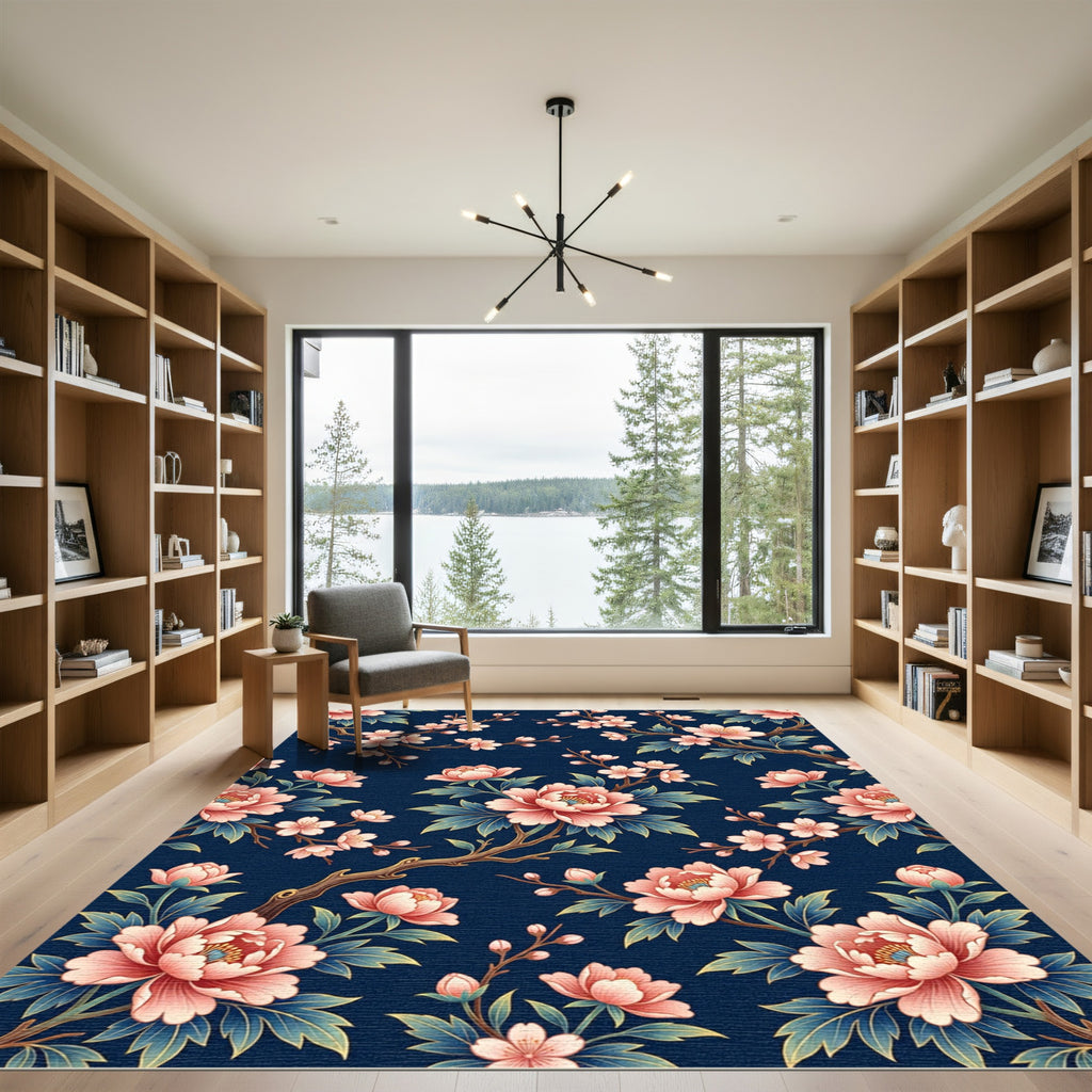 Elegant Pink Peony Navy Floral Rug