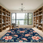 Elegant Pink Peony Navy Floral Rug