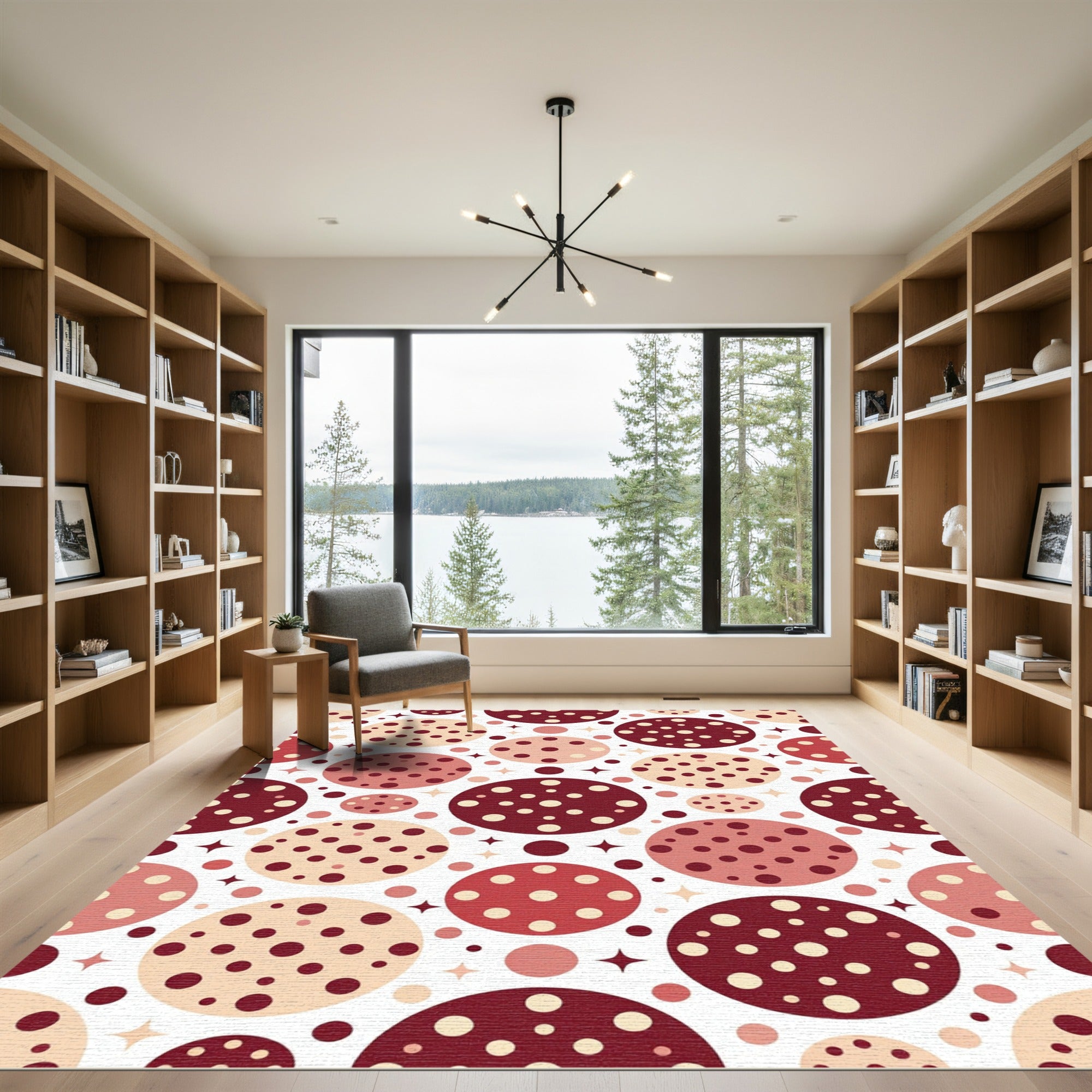 Red Crimson Polka Dot Starburst Spheres Rug