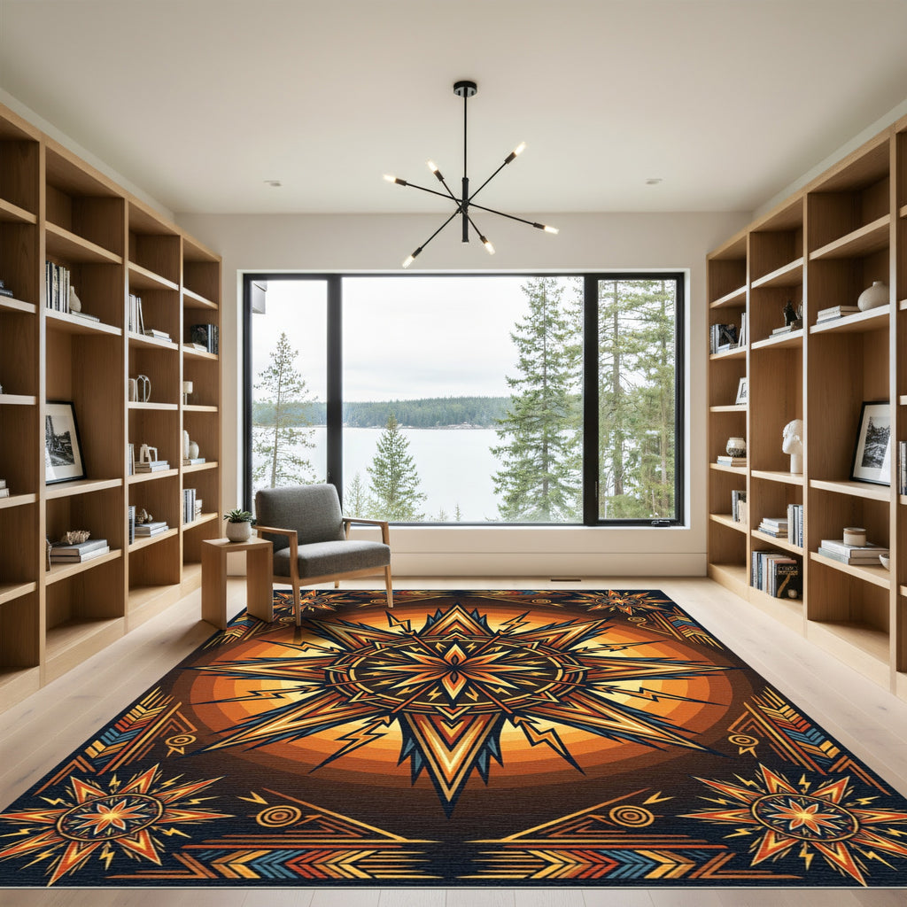 Radiant Golden Celestial Sunburst Art Rug