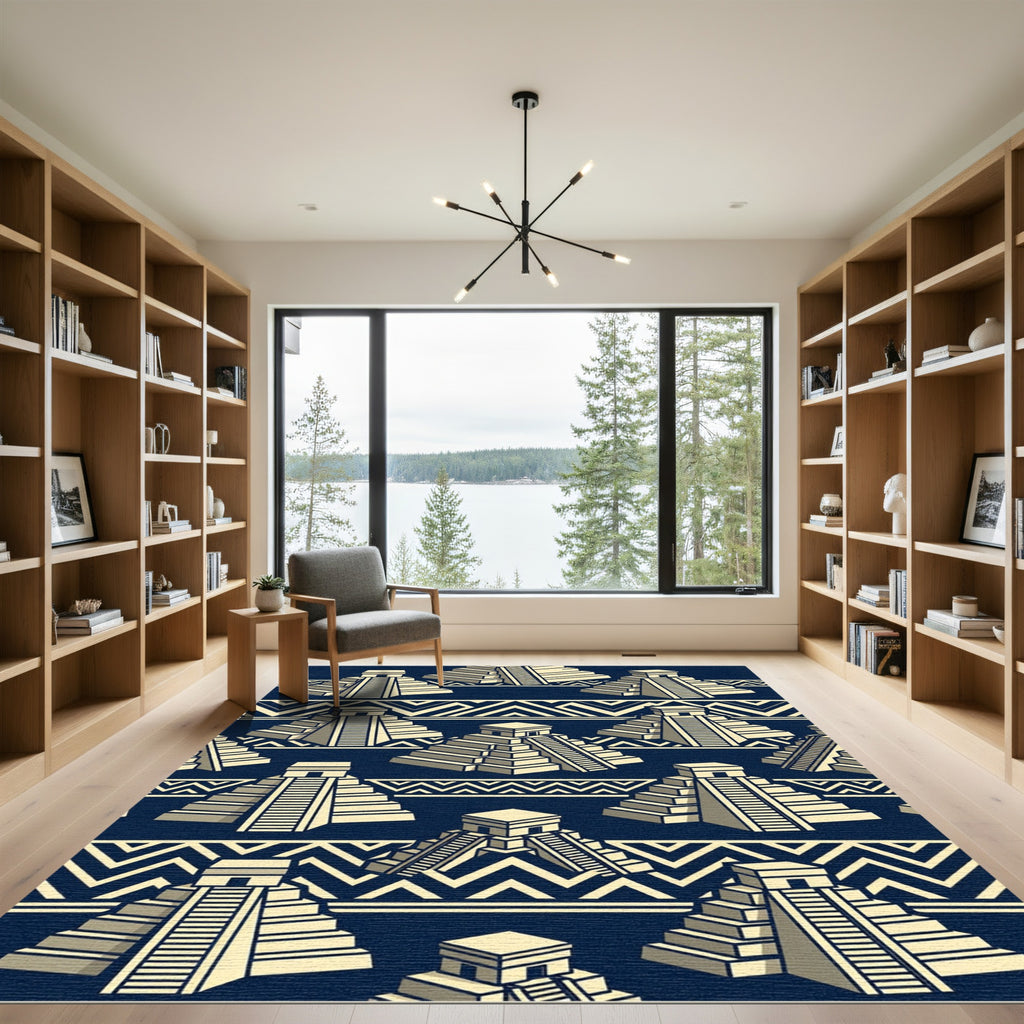 Navy Blue Aztec Step Pyramid Geometry Rug
