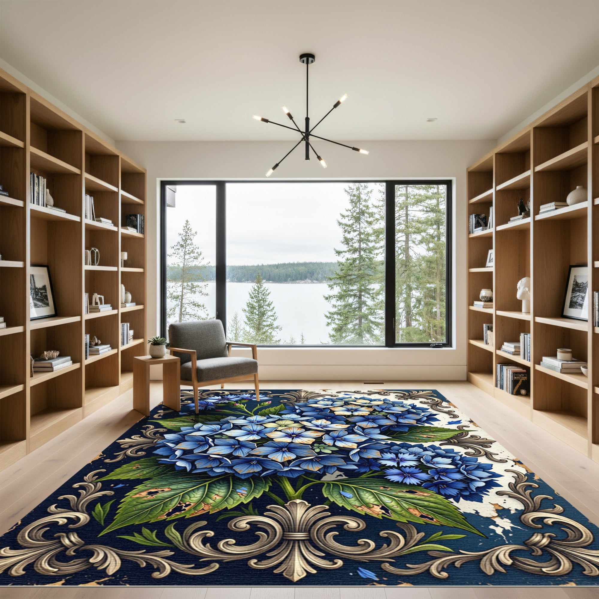 Ornate Blue Hydrangea Floral Arrangement Rug