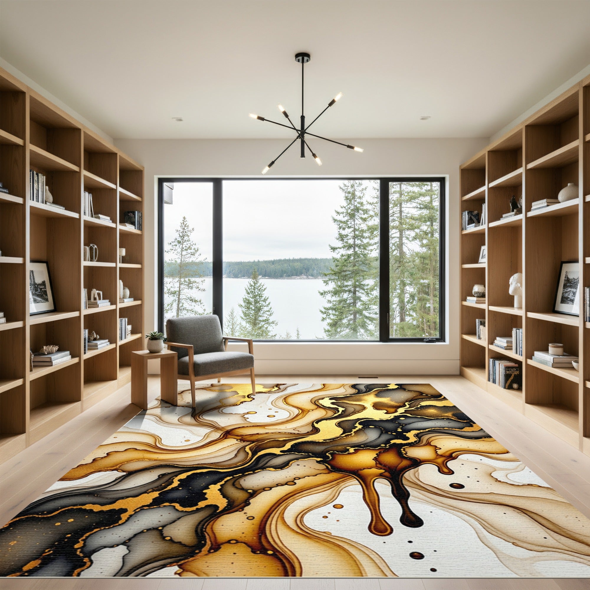 Abstract Gold and Black Fluid Wave Rug