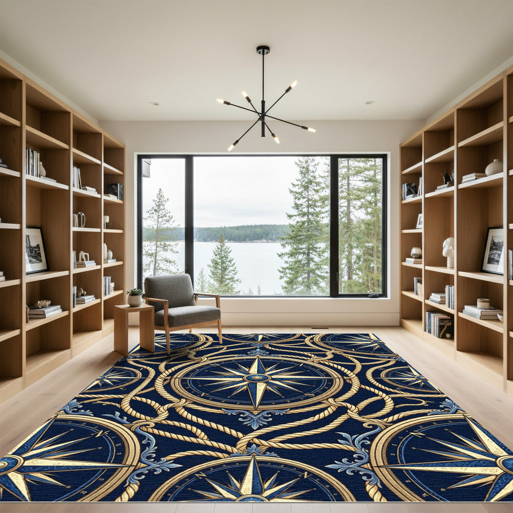 Nautical Compass Blue Gold Rope Rug