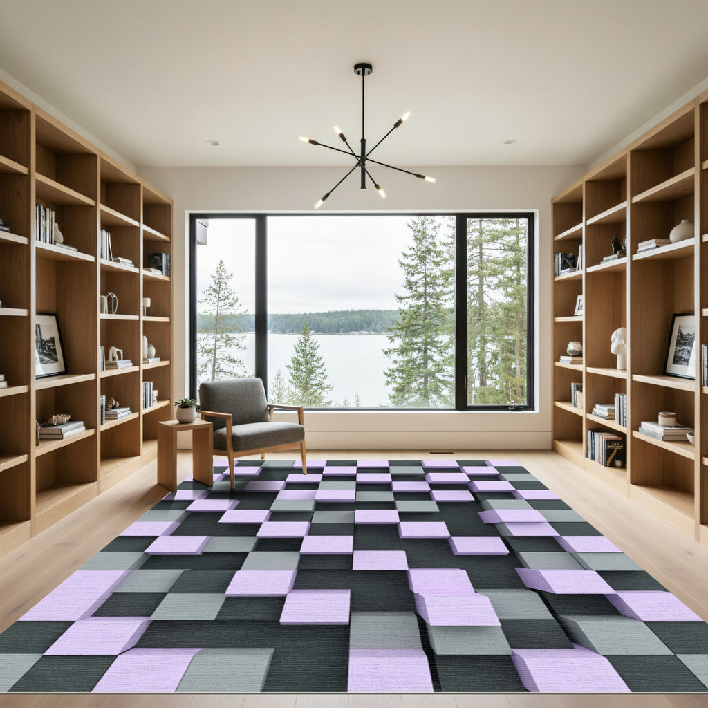 Lavender Gray Checkerboard Cubes Rug