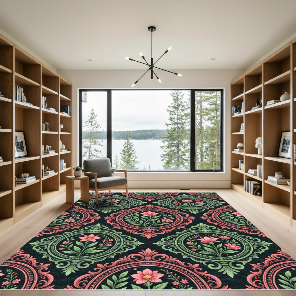 Elegant Pink Floral Medallion Damask Rug