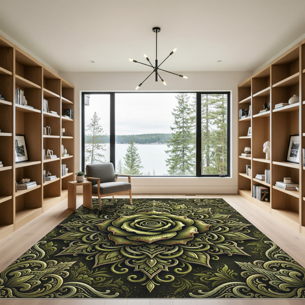 Aged Olive Rose Botanical Medallion Rug