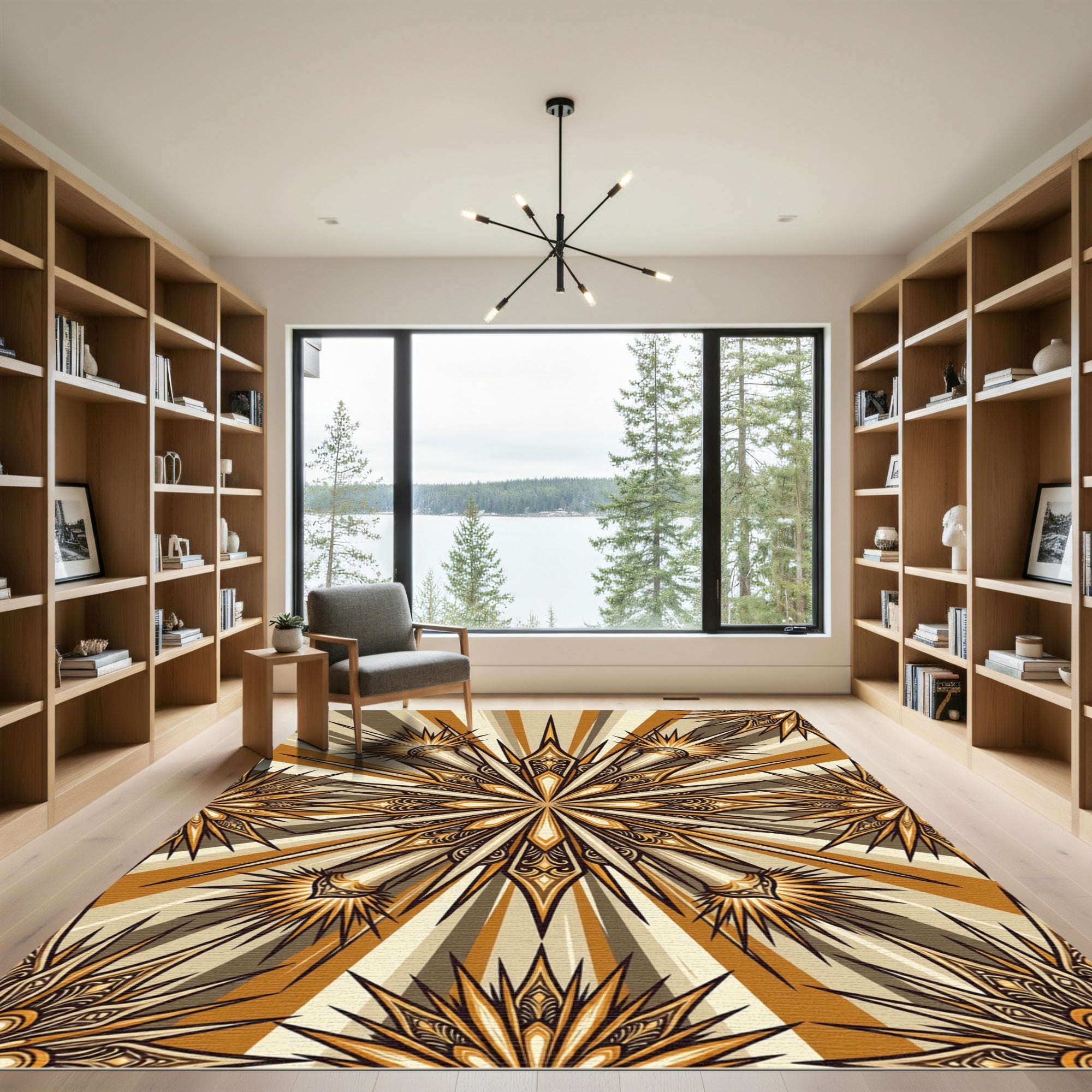 Golden Starburst Mandala Art Rug