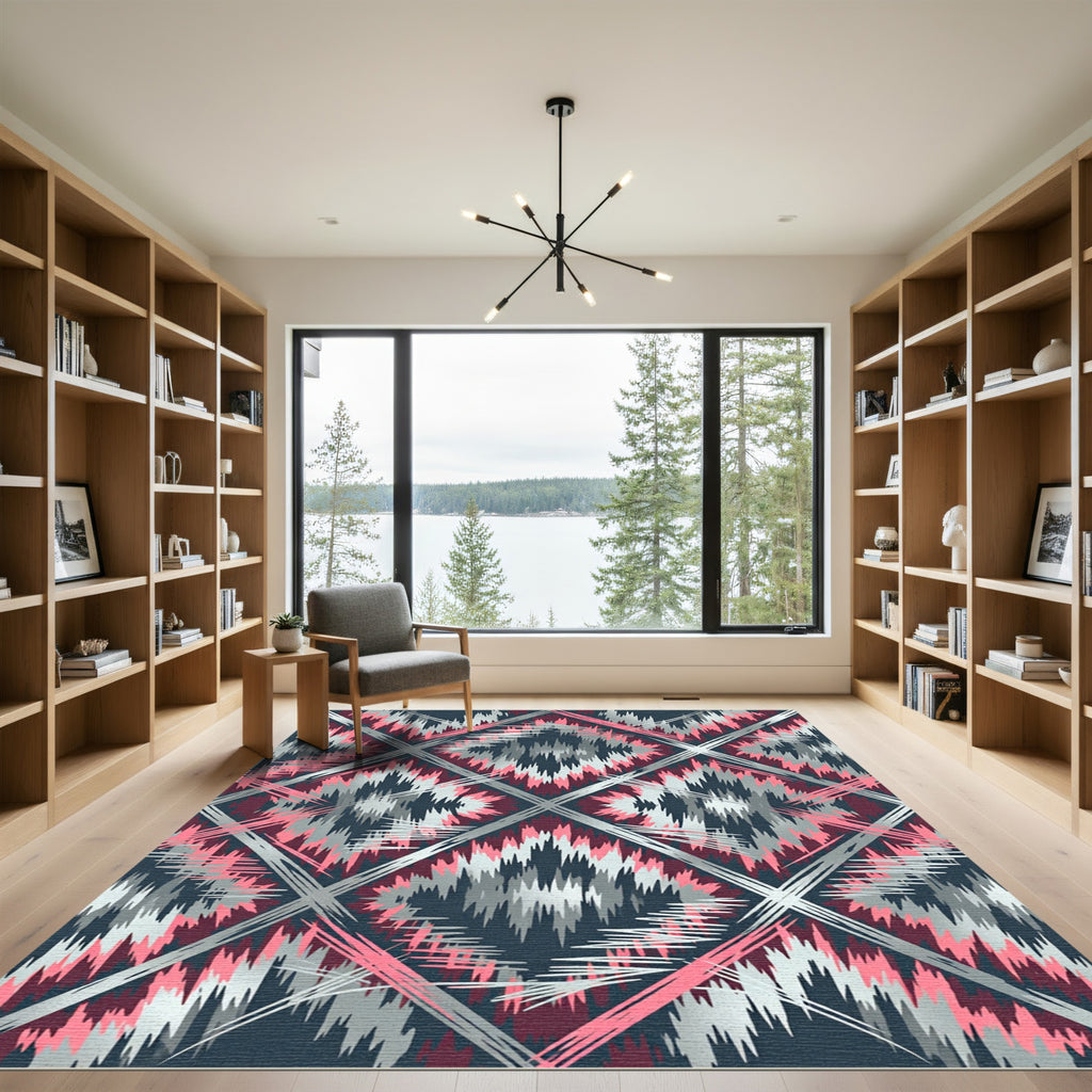 Pink and Gray Abstract Ikat Diamond Rug