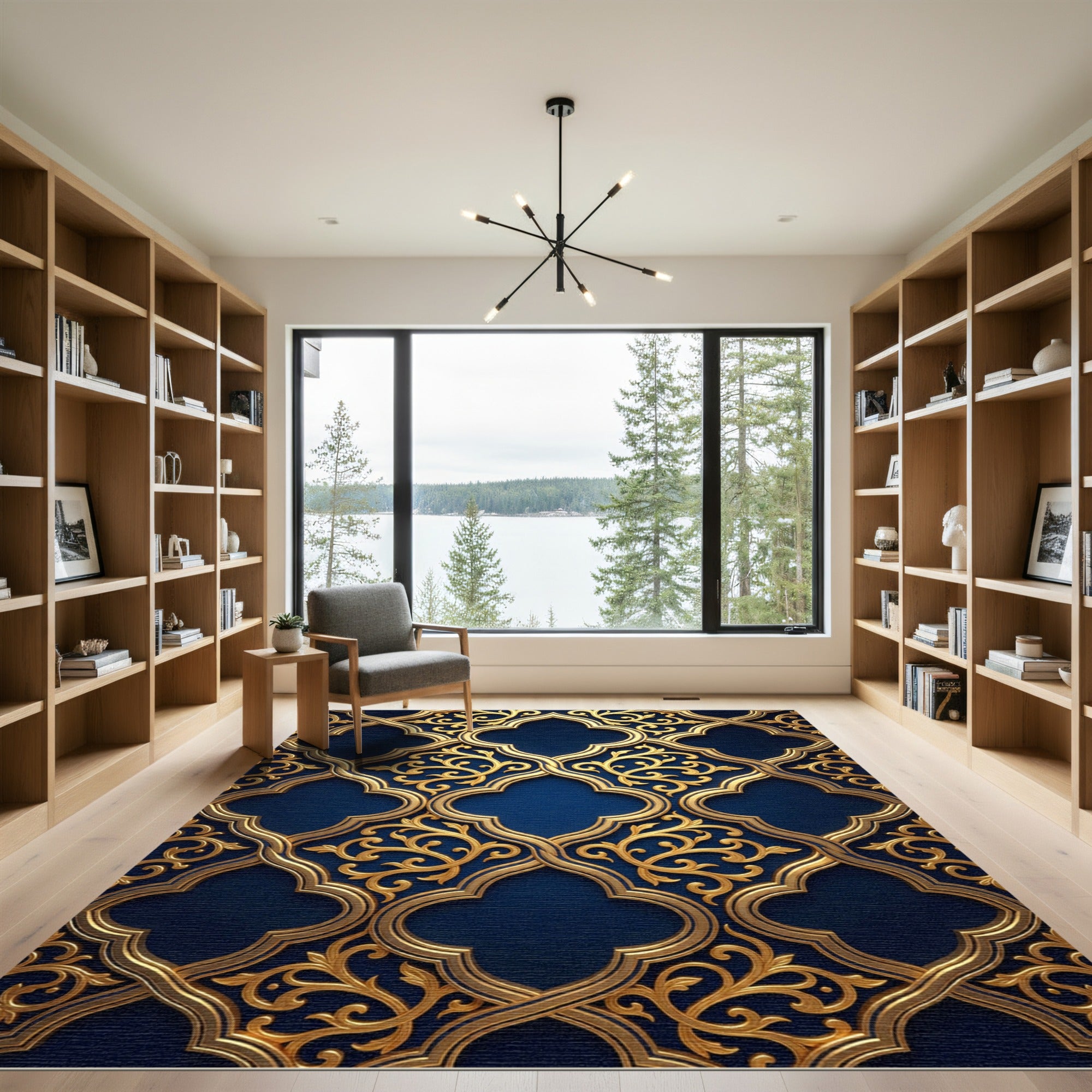 Golden Filigree Arabesque Navy Backdrop Rug