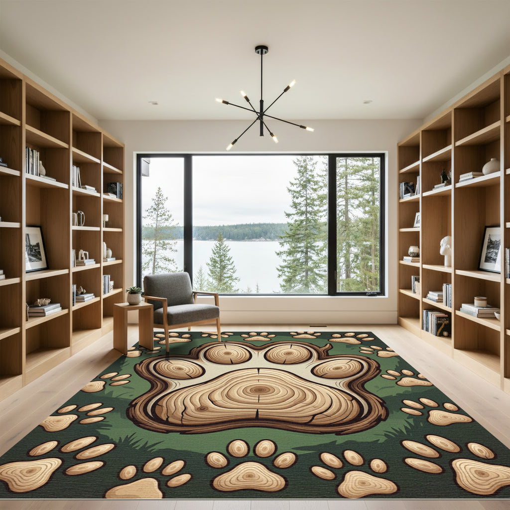 Rustic Wood Grain Paw Print Illustration Rug