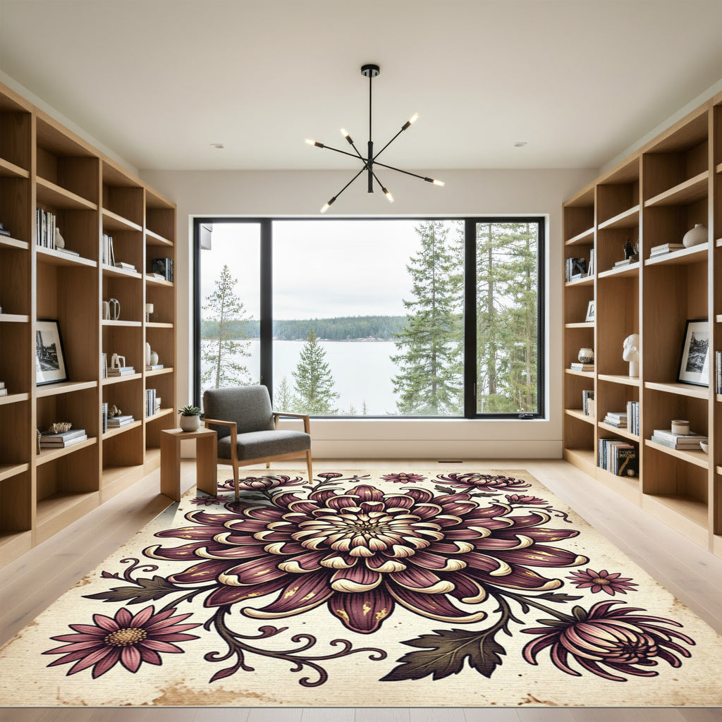 Moody Mauve Chrysanthemum Floral Illustration Rug