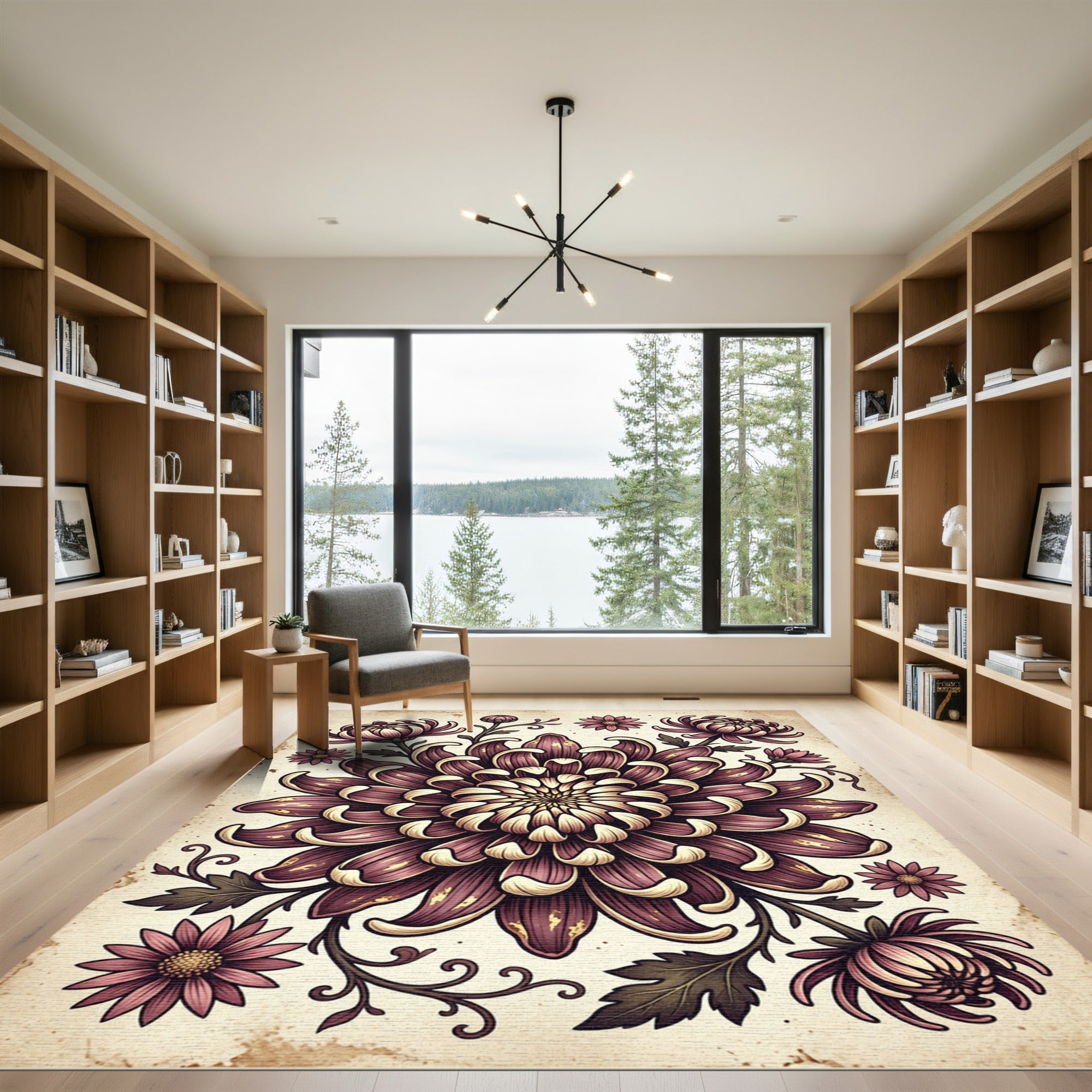 Moody Mauve Chrysanthemum Floral Illustration Rug