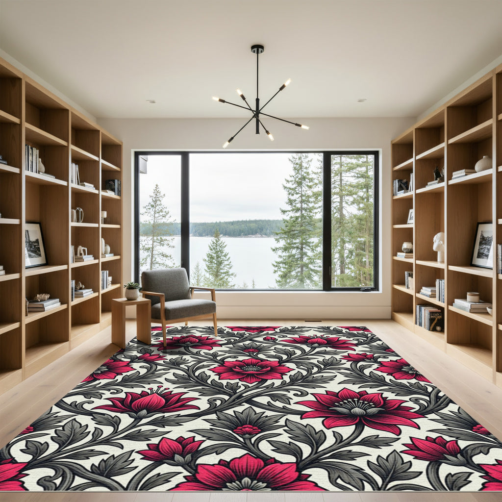 Elegant Crimson Blossom Scroll Weave Rug