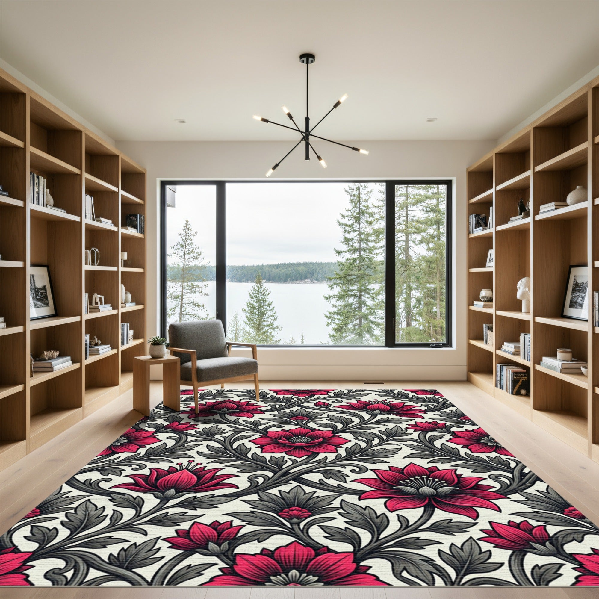Elegant Crimson Blossom Scroll Weave Rug