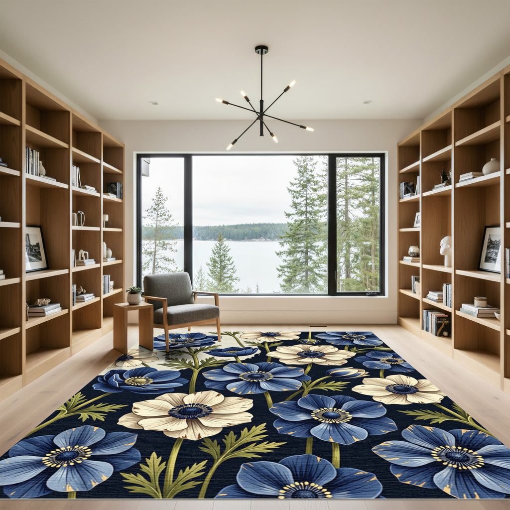 Elegant Navy and Cream Floral Anemone Rug