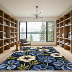 Elegant Navy and Cream Floral Anemone Rug
