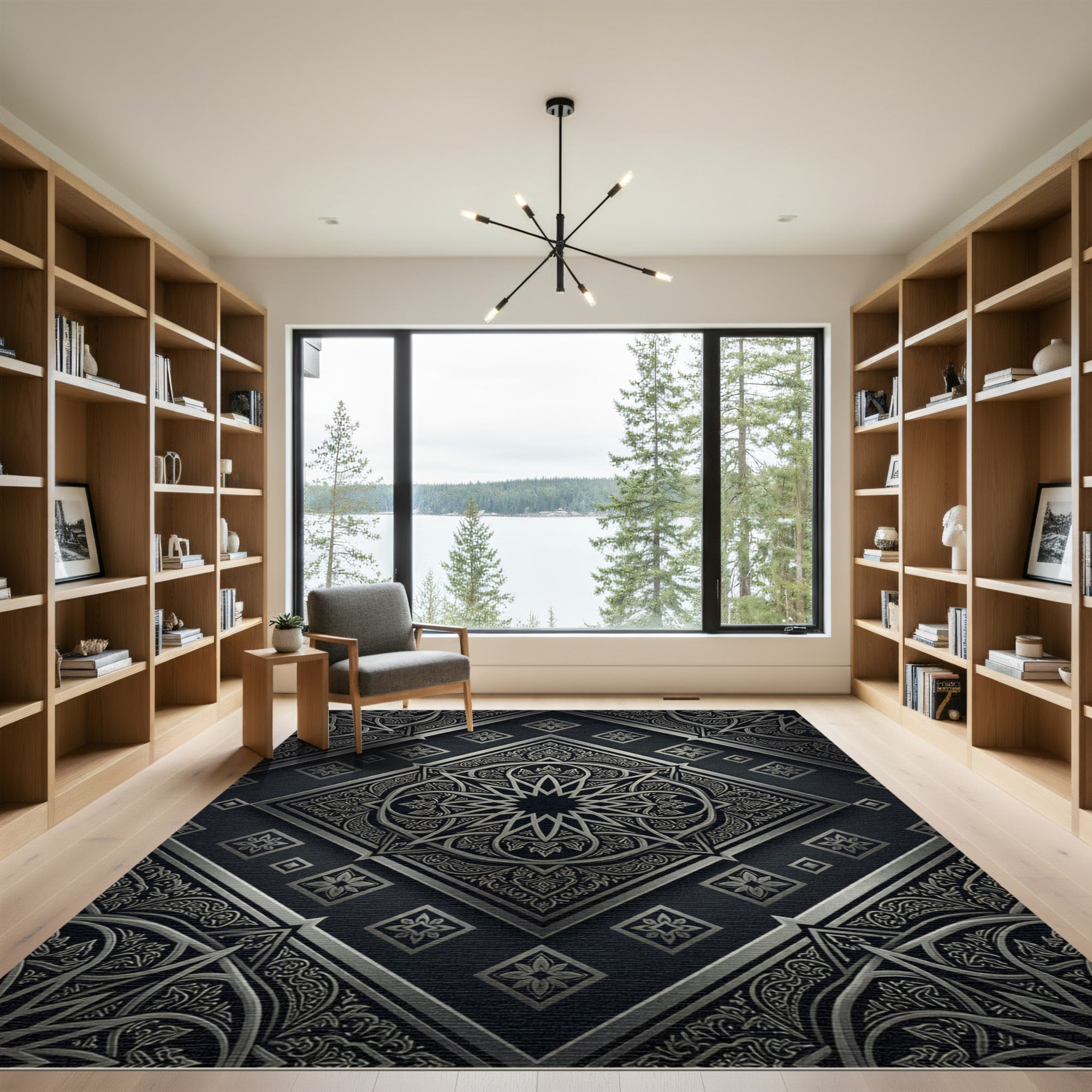 Black Silver Intricate Medallion Overlay Rug