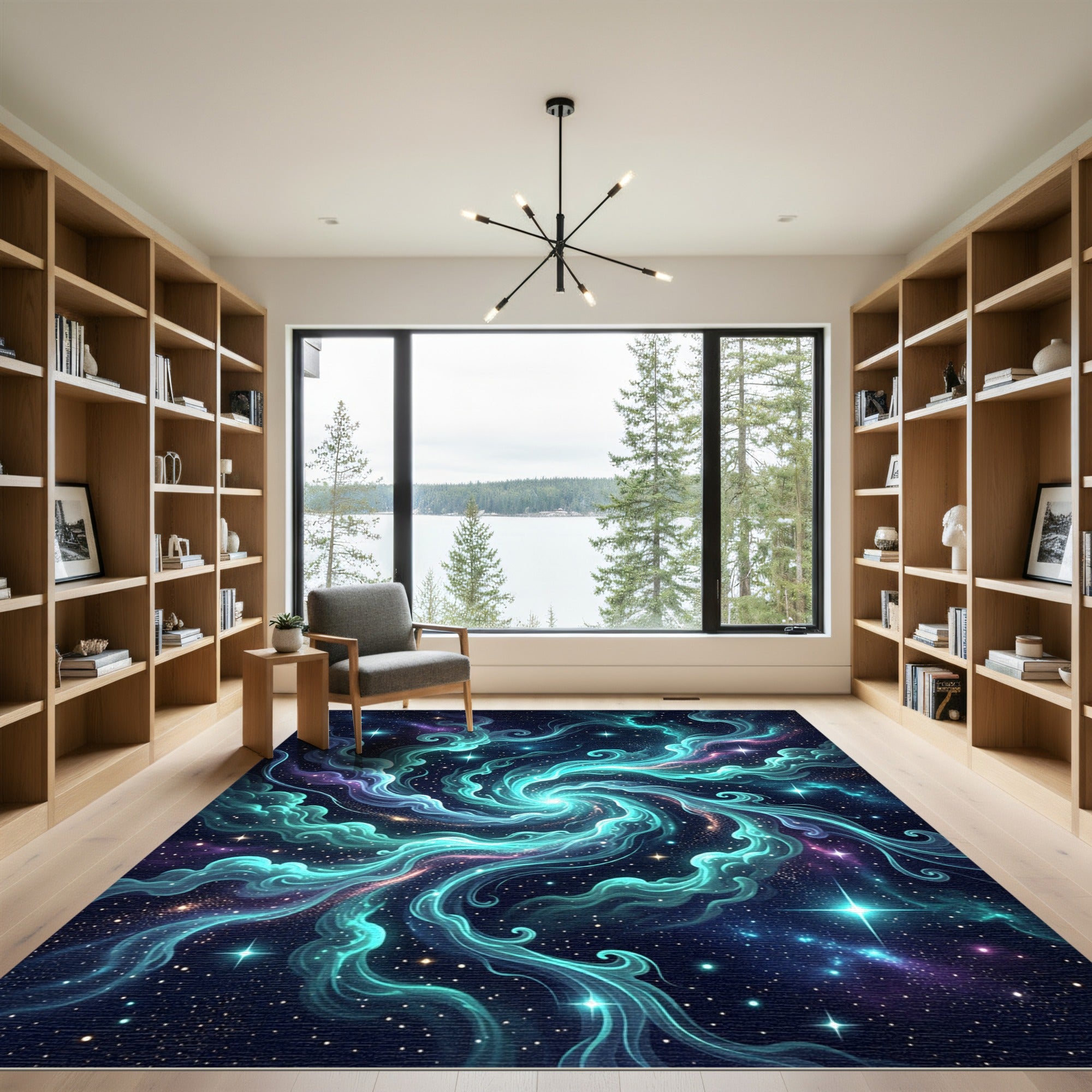 Luminous Teal Celestial Swirl Galaxy Rug