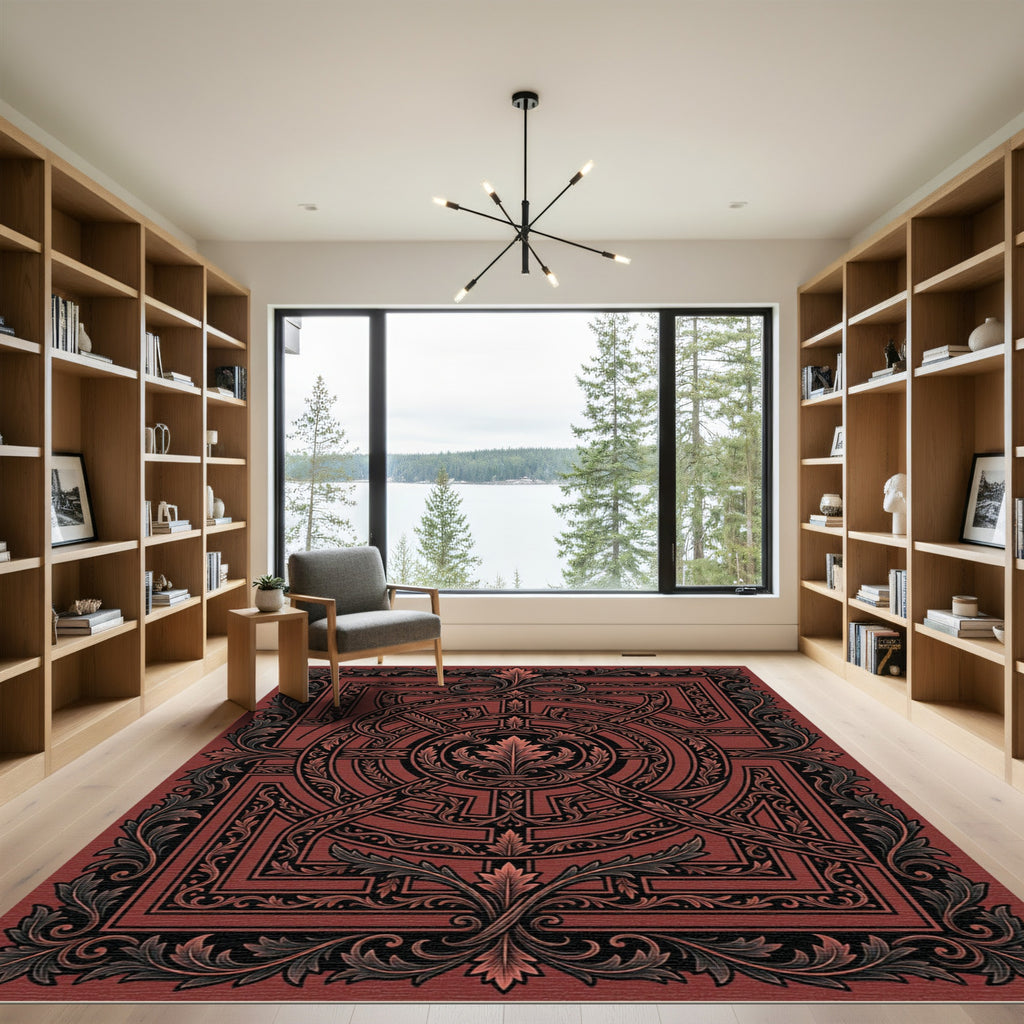 Ornate Crimson Baroque Circular Filigree Rug