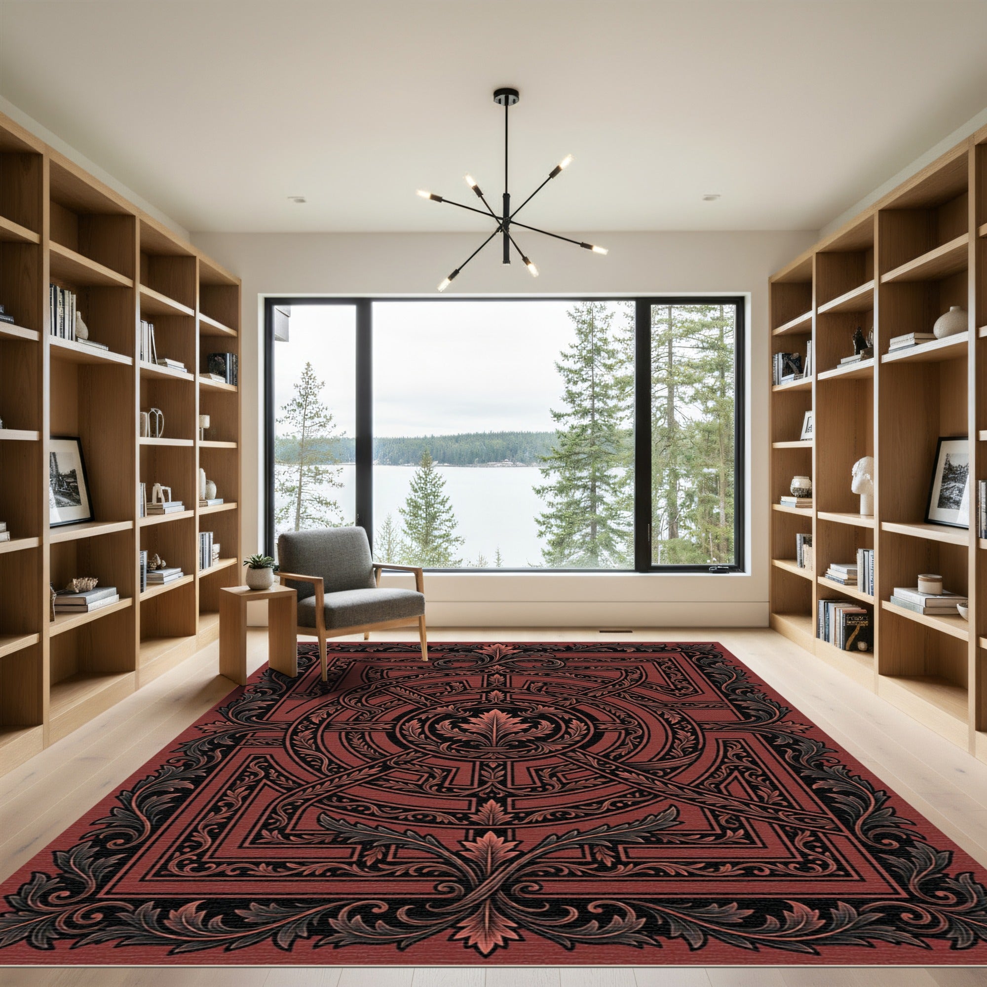 Ornate Crimson Baroque Circular Filigree Rug