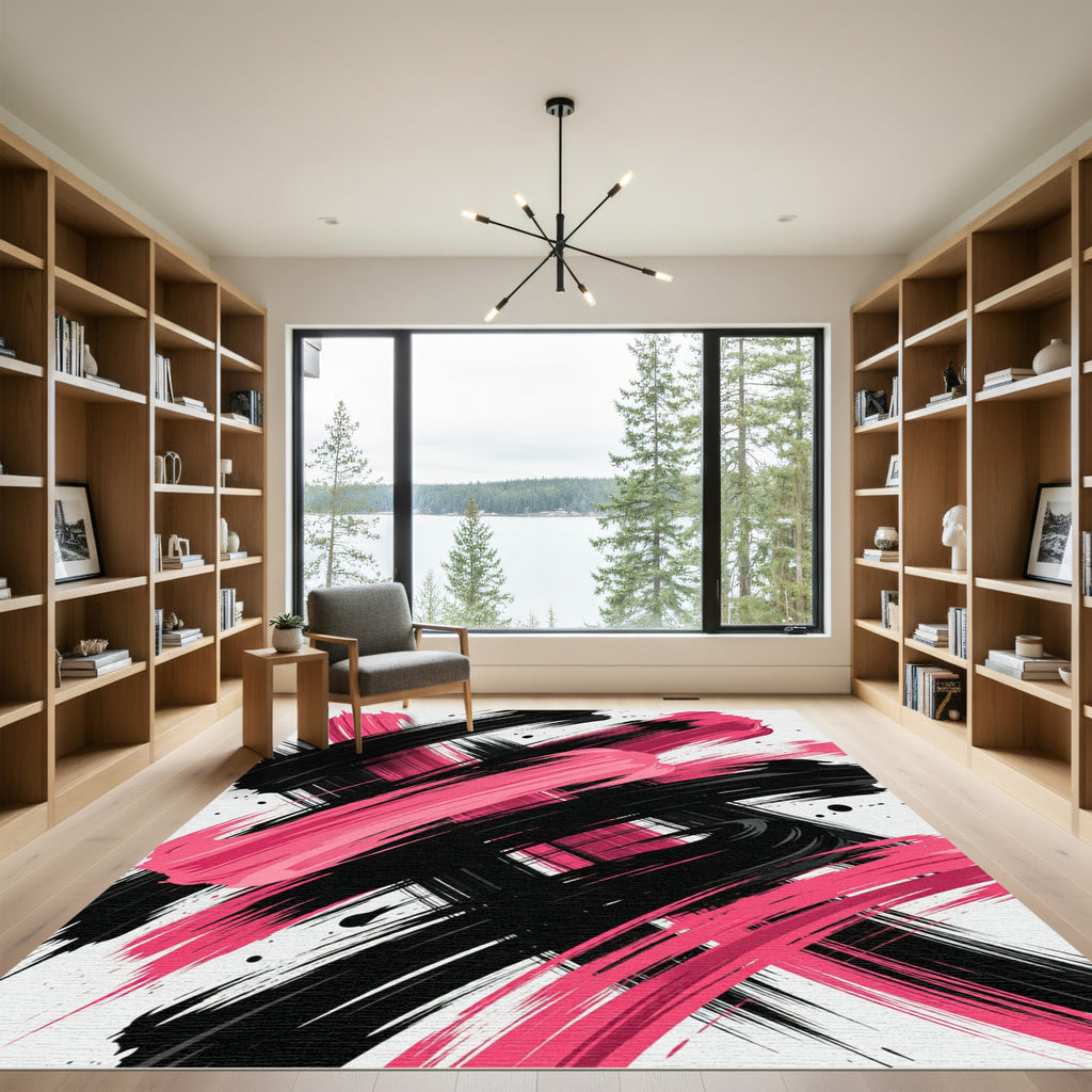 Bold Pink and Black Abstract Brushstroke Rug