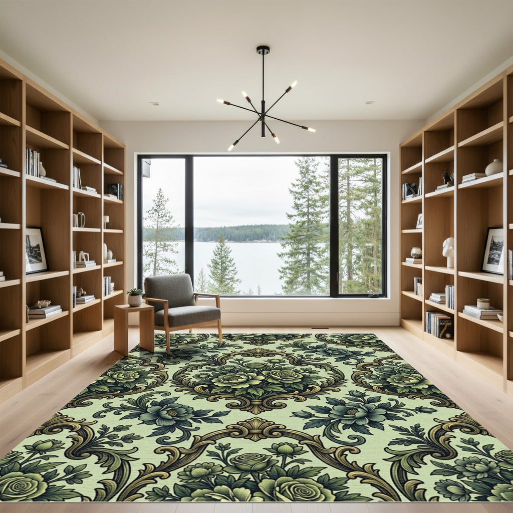 Ornate Green Floral Medallion Symmetry Rug