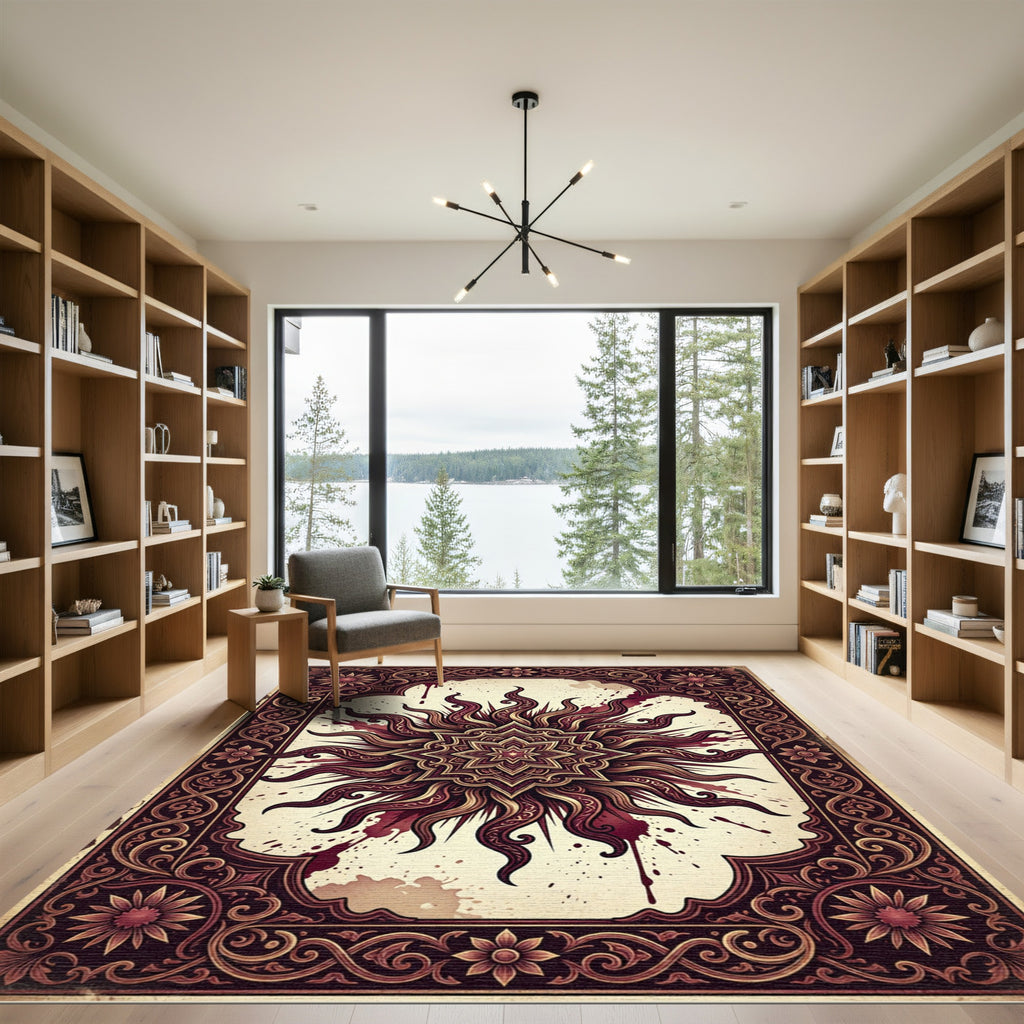 Ornate Crimson Sunburst Mandala Medallion Rug