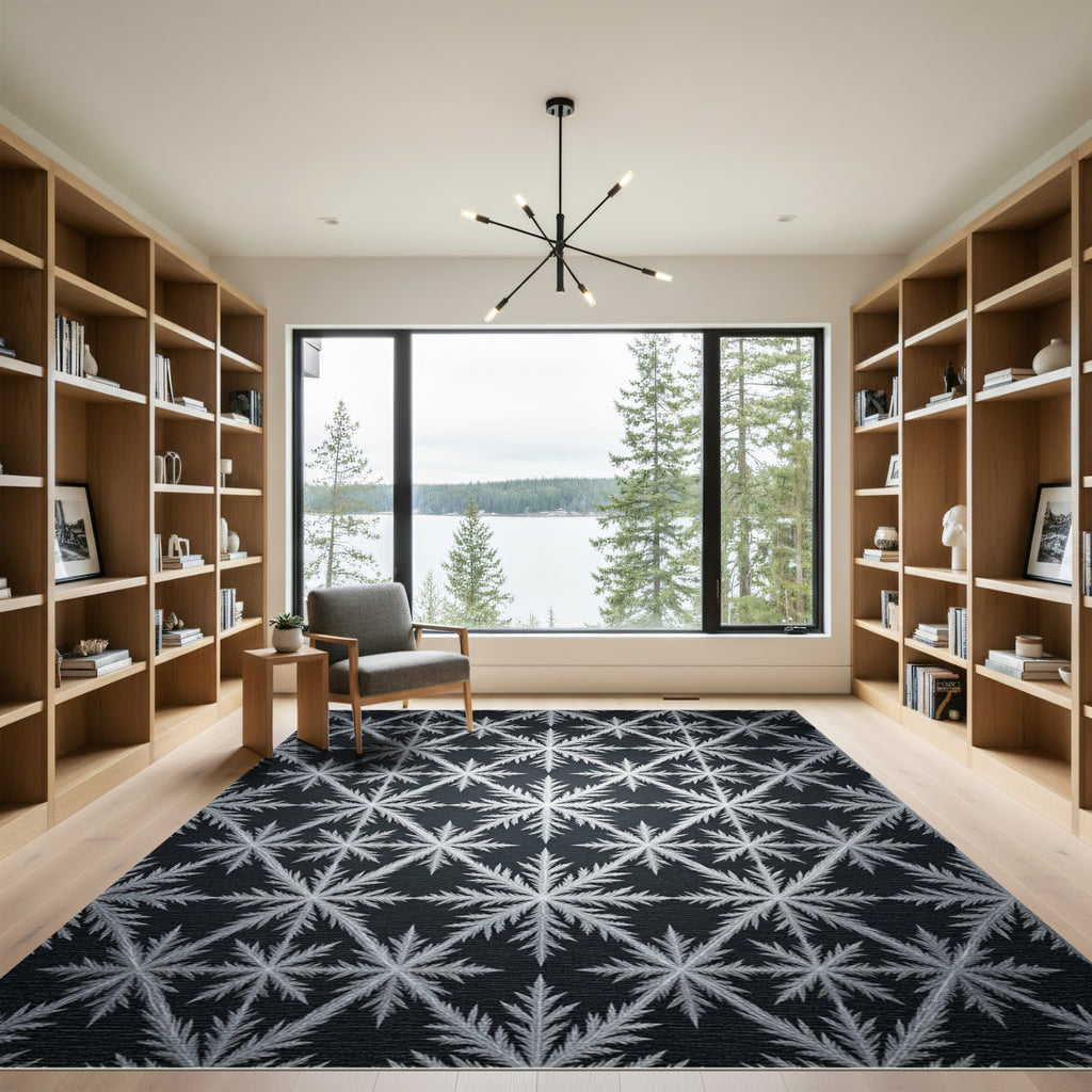 Silver Winter Snowflake Geometric Grid Rug
