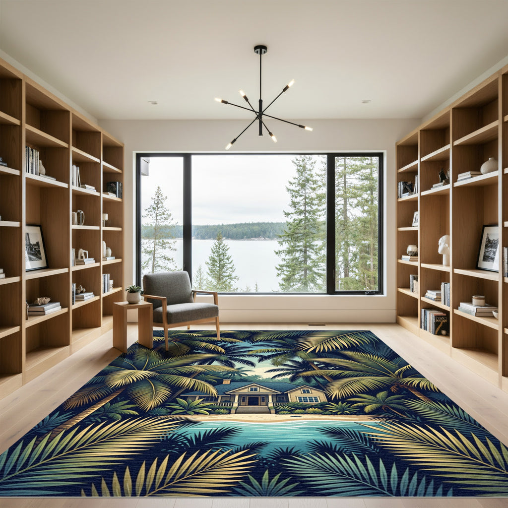 Tropical Palm Frond Beach House View Rug