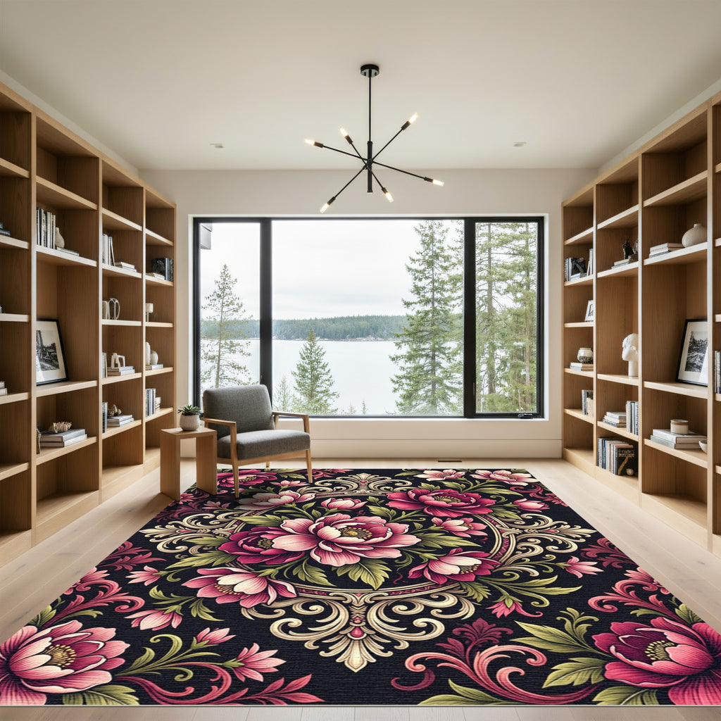 Elegant Pink Floral Baroque Medallion Rug