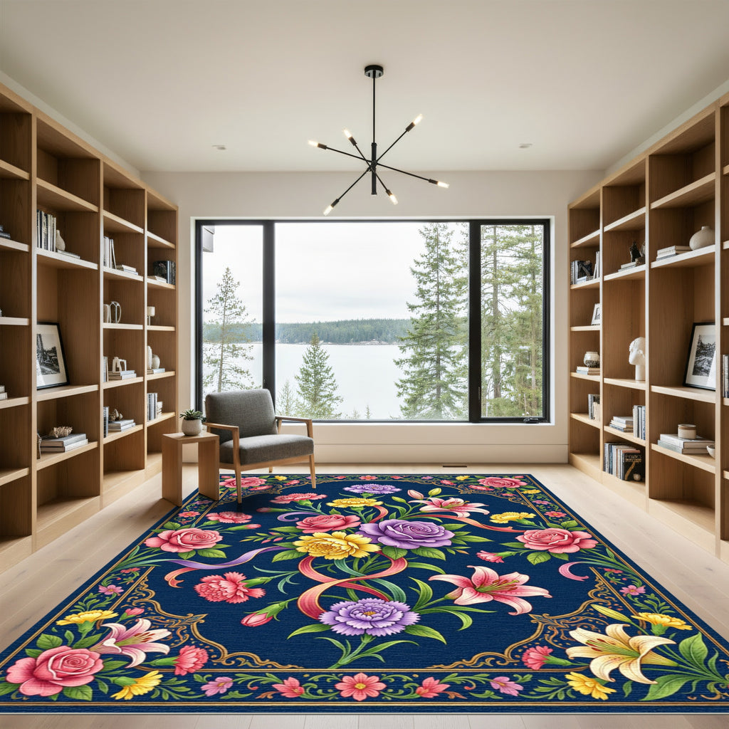 Vibrant Floral Navy Bouquet Tapestry Rug