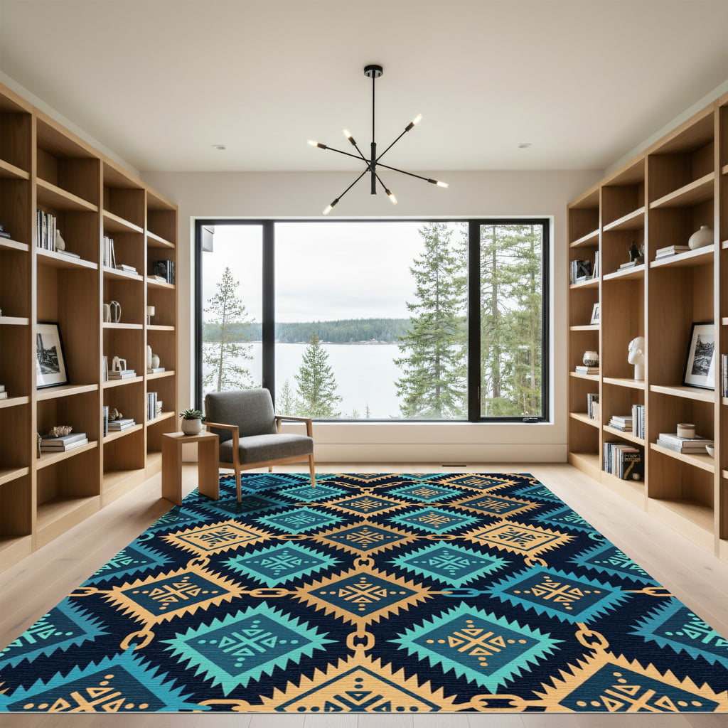 Gold and Teal Geometric Chain Link Rug