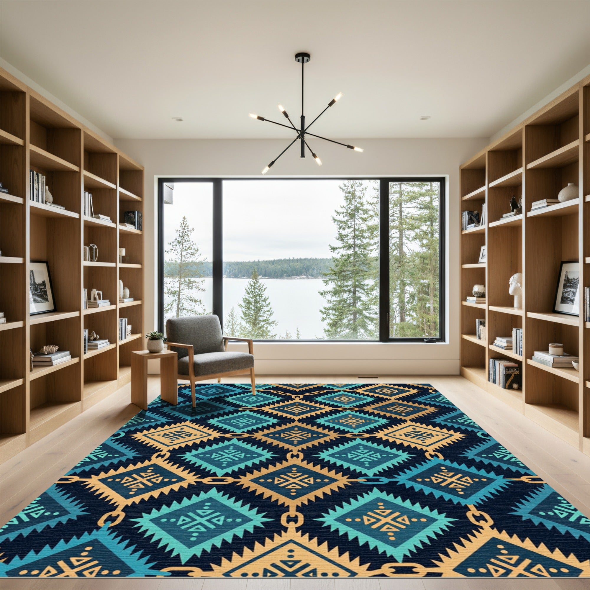 Gold and Teal Geometric Chain Link Rug