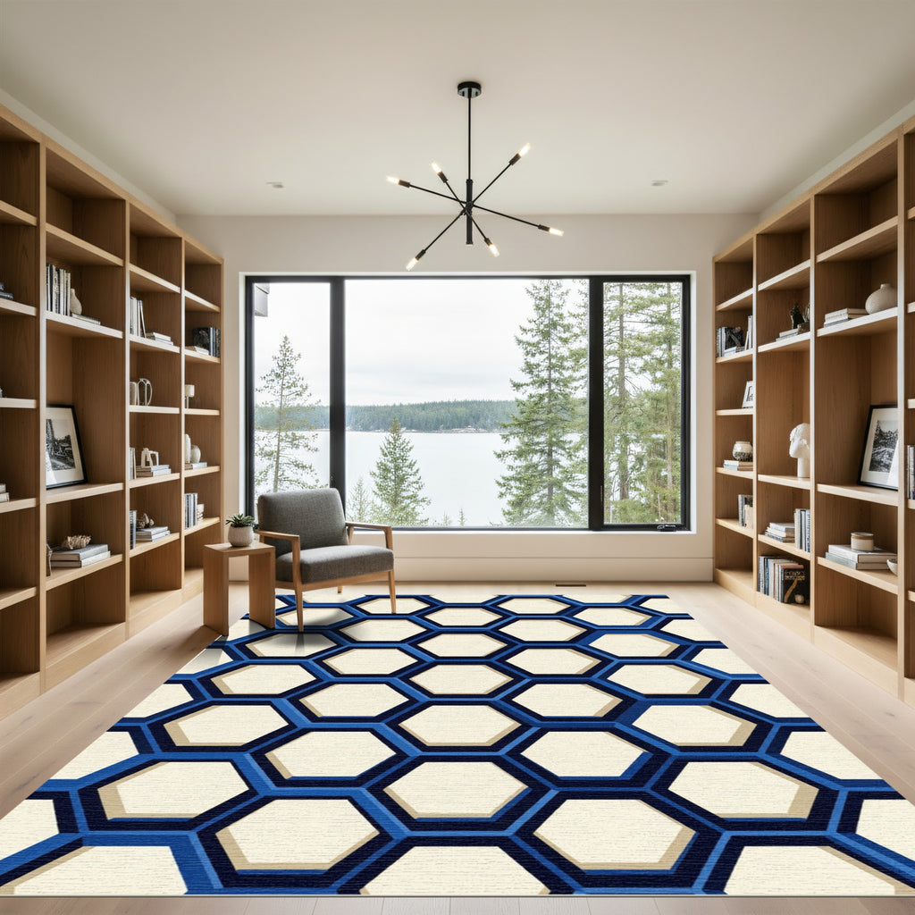 Modern Navy Geometric Honeycomb Rug
