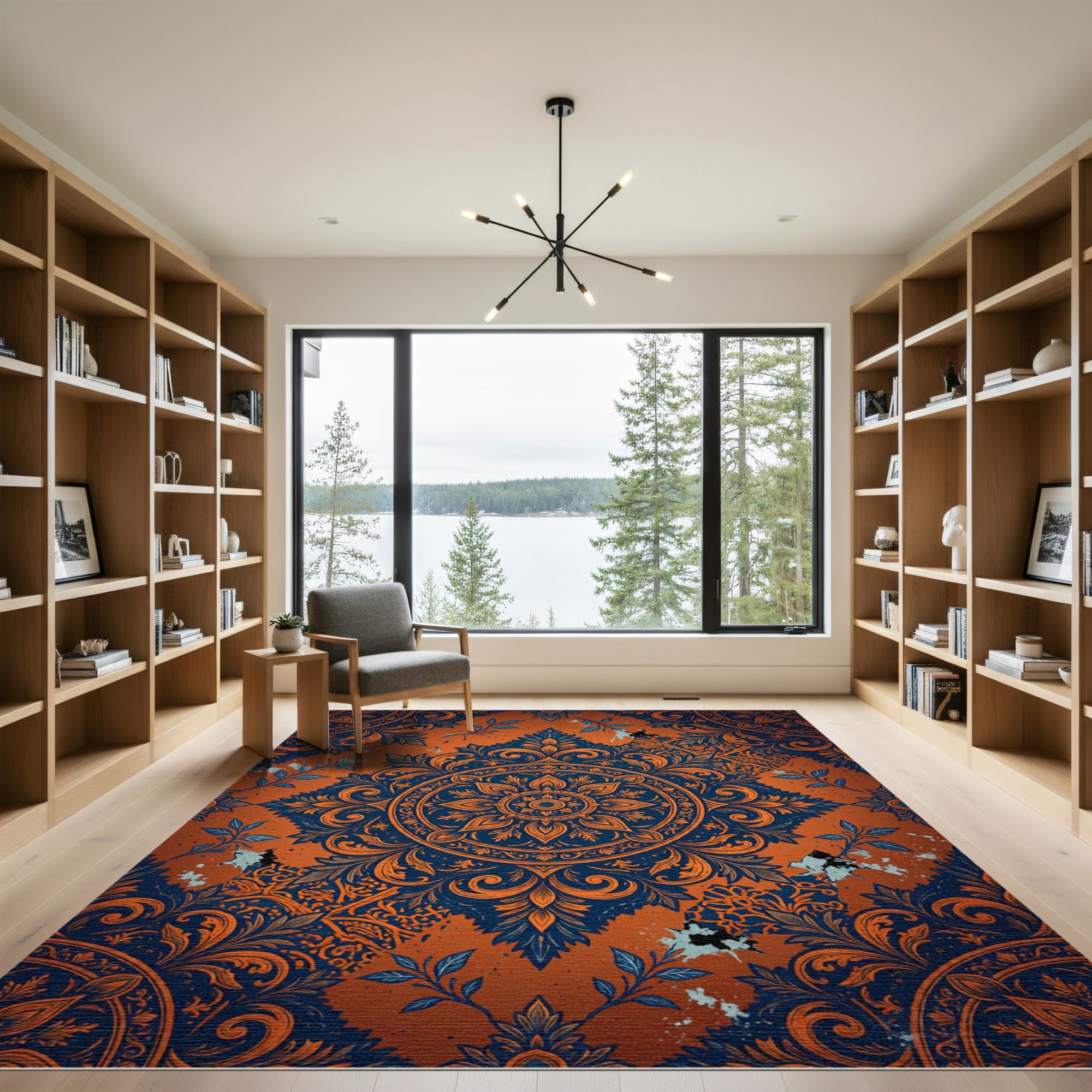 Orange Blue Floral Medallion Rug