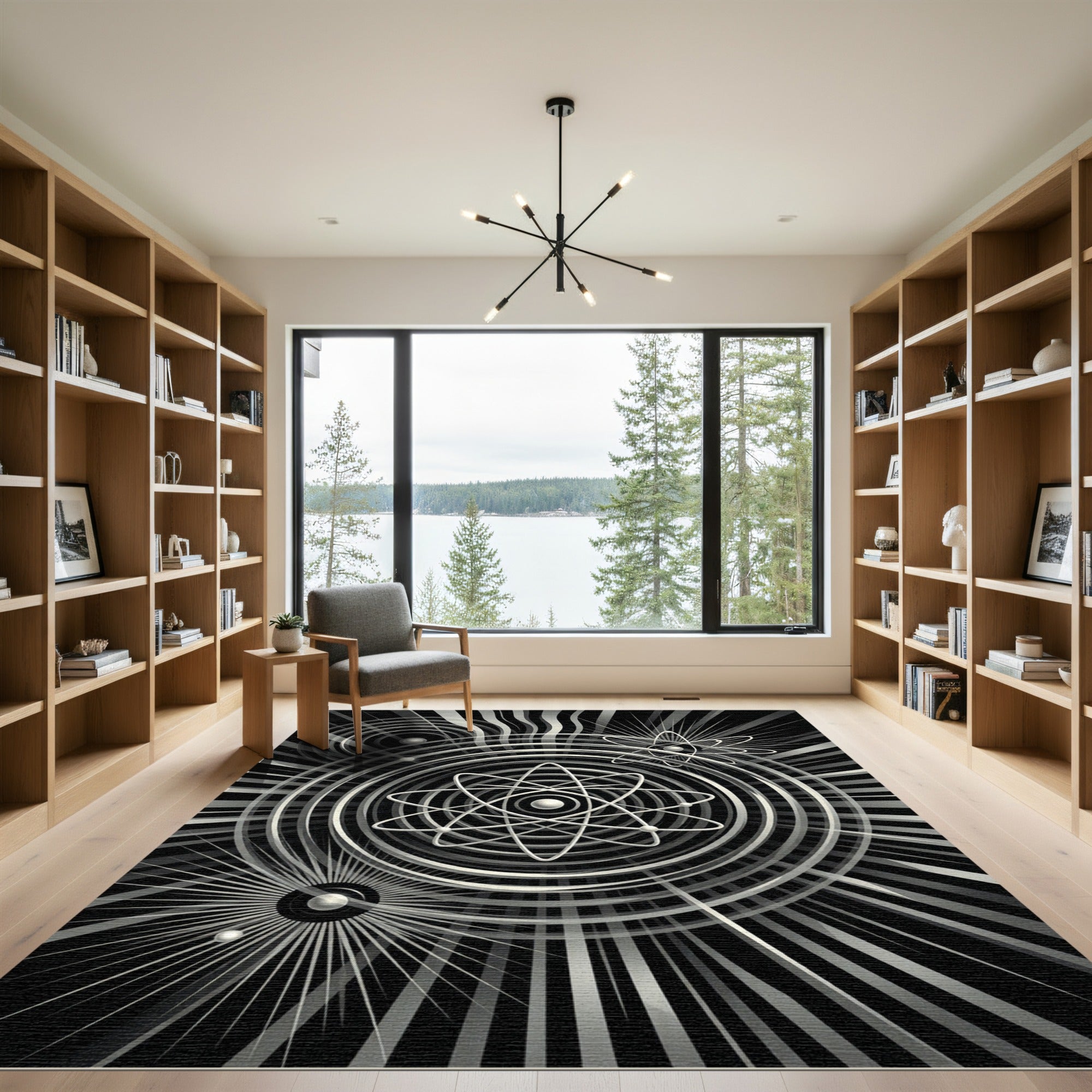 Atomic Orbit Black White Sunburst Rug