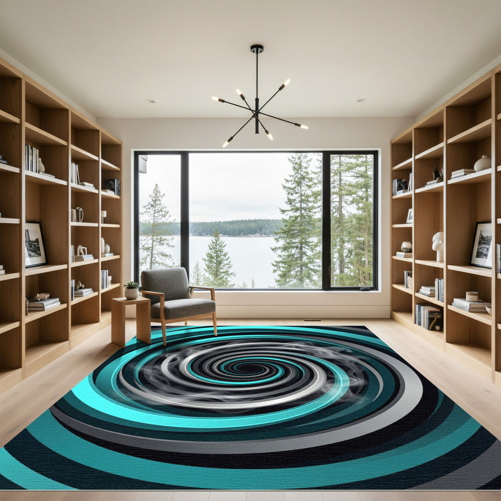 Modern Teal and Silver Swirl Vortex Rug