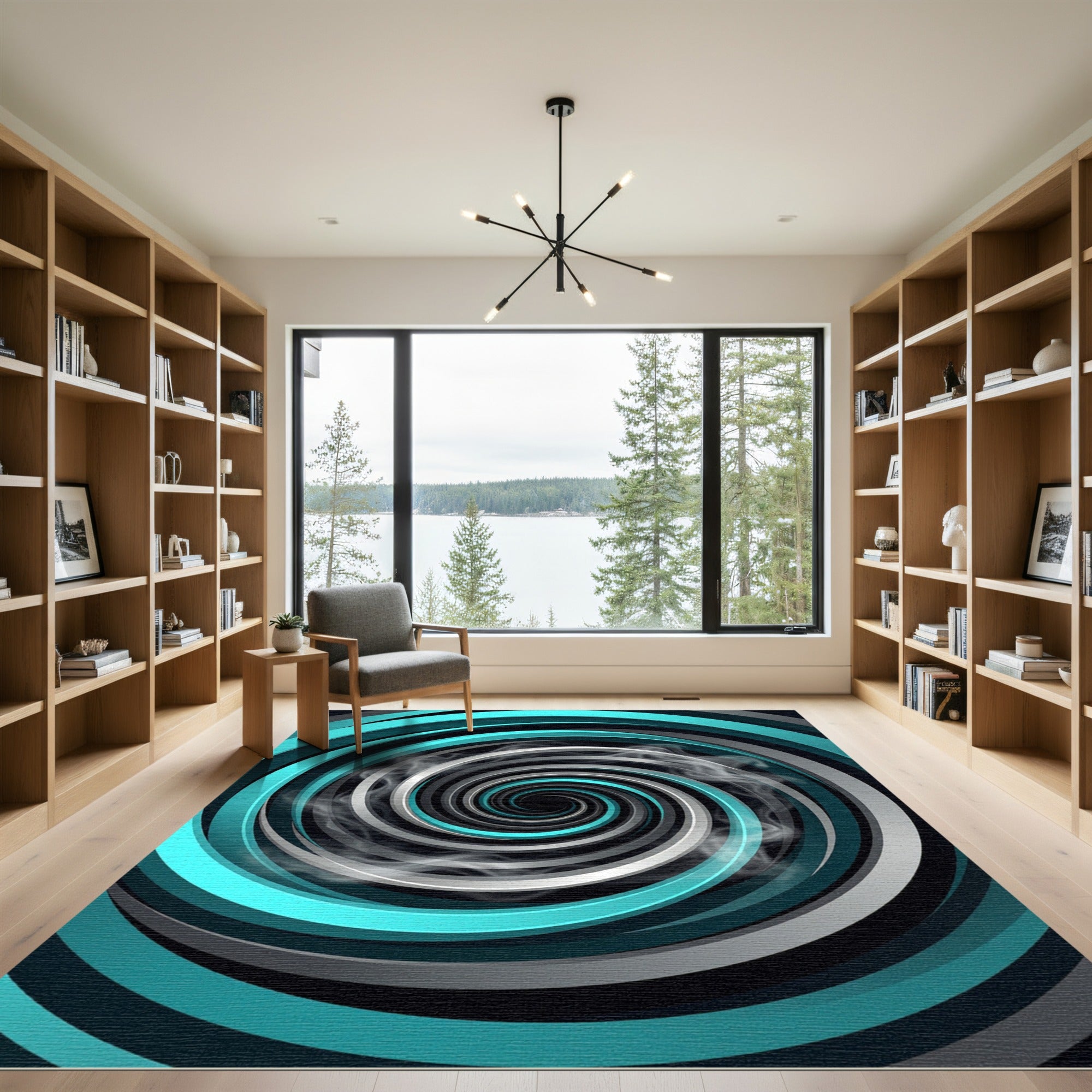 Modern Teal and Silver Swirl Vortex Rug