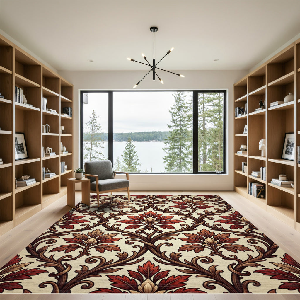 Crimson Autumnal Scroll Vine Rug