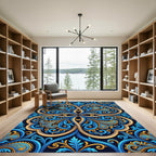 Ornate Azure Gold Swirl Damask Rug