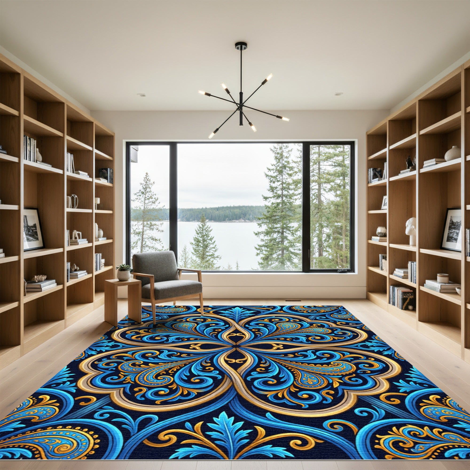 Ornate Azure Gold Swirl Damask Rug