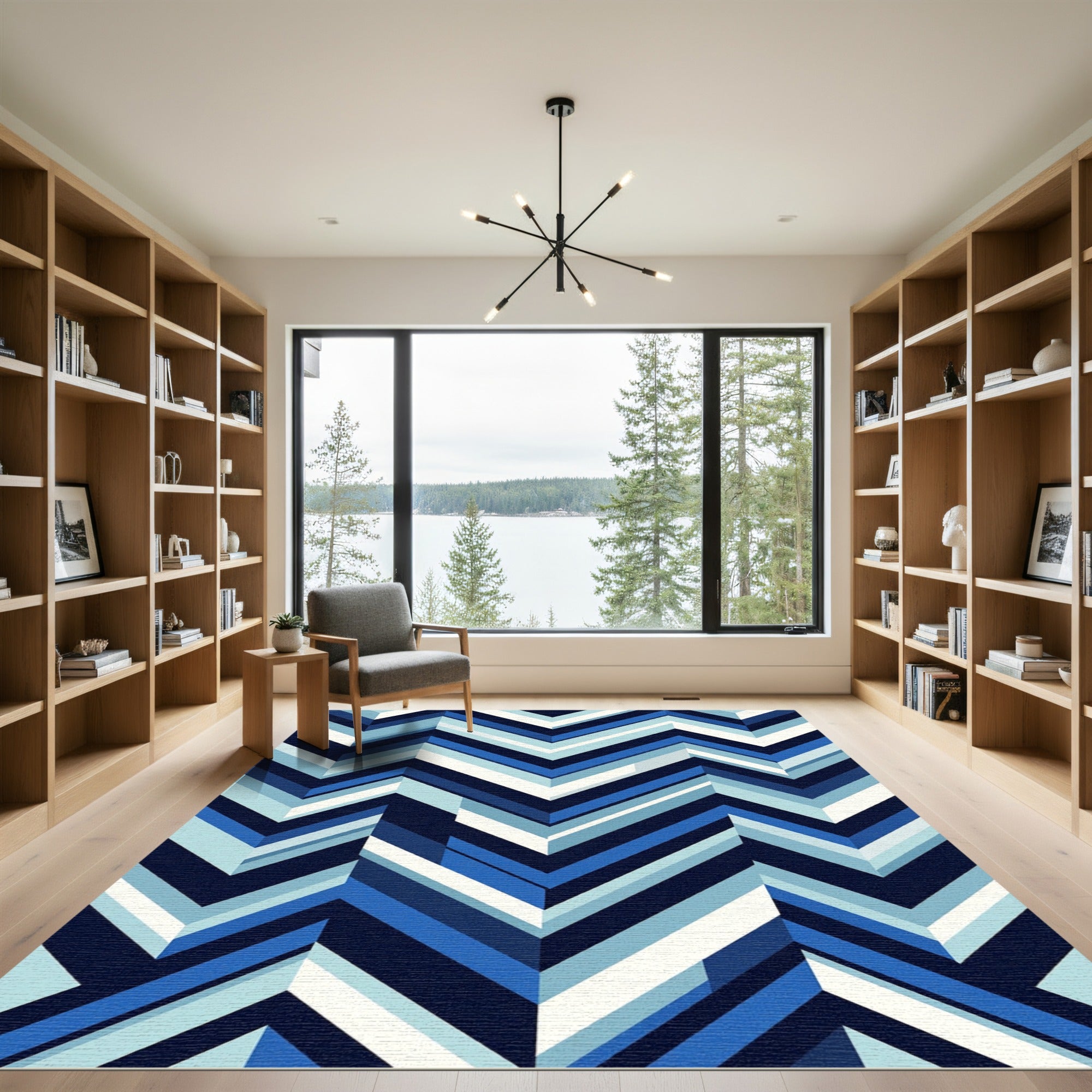 Cool Blue Chevron Geometric Stripes Rug