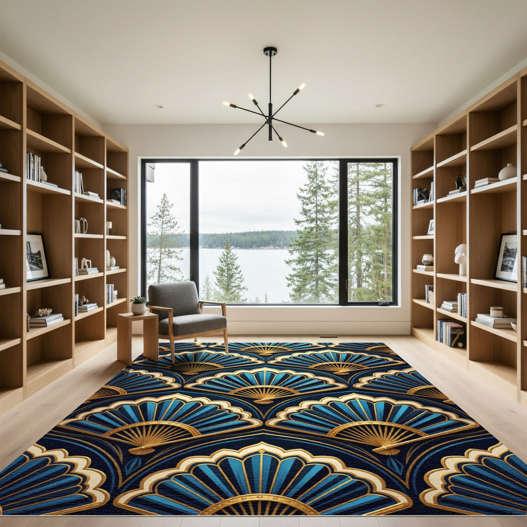 Art Deco Blue Gold Fan Medallion Rug