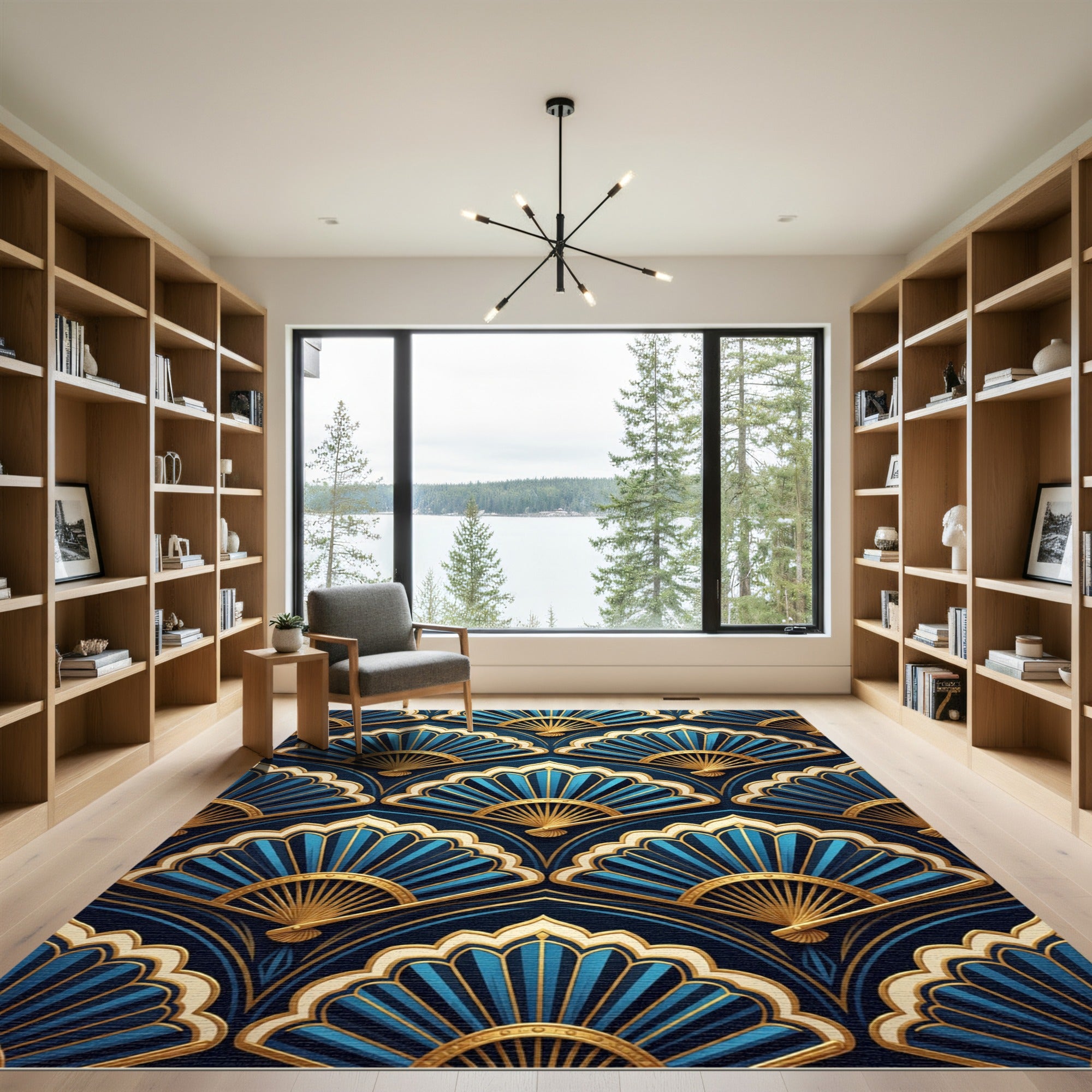 Art Deco Blue Gold Fan Medallion Rug